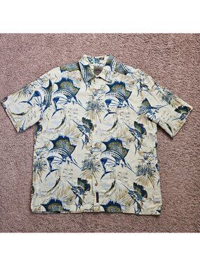 Flyshacker Hawaiian Shirt Mens XL Sailfish Fish Print Button Up Aloha Camp